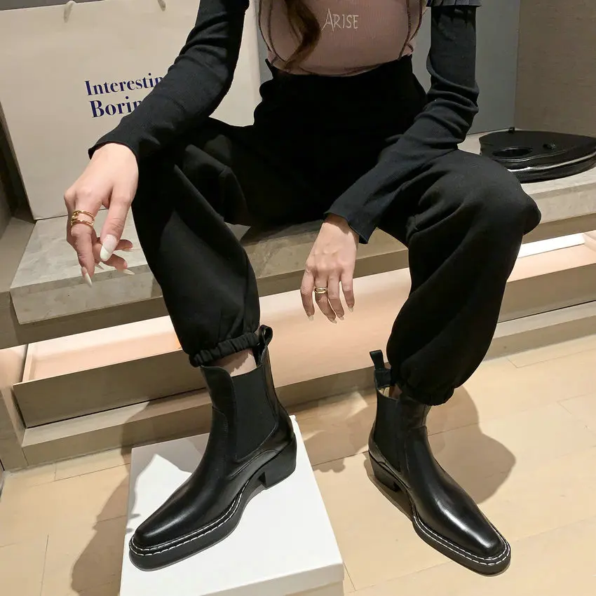 

QUTAA 2022 Square Toe Concise Ankle Boots Fashion Square Med Heel Genuine Leather Women Shoes Short Boots Size 34-39