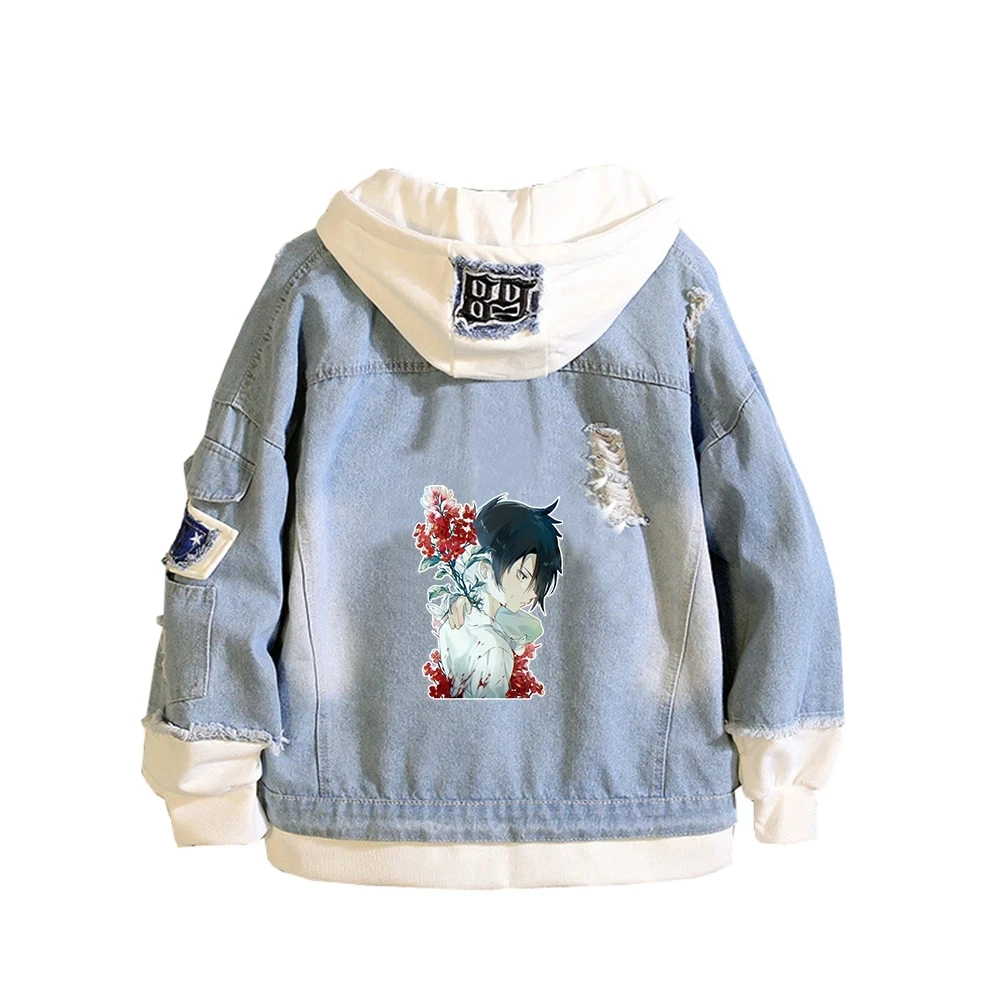 

AnimeThe Promised Neverland Emma Cosplay Denim Jacket Norman Ray Costume Halloween Ripped Hooded Sweater Adult Women Men Coats