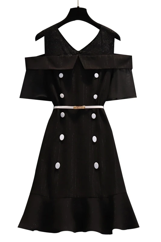 

COIGARSAM Office Lady Women dress New Summer Korea Style Ruffles Patchwork Solid Short Sleeve Dresses Black 5042