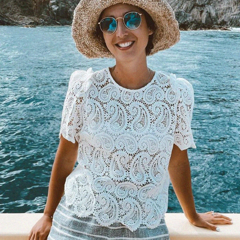 

Hollow Out Blouse Lace Ruffle Femme Puff Sleeve Transparence Crochet 2021 Shirts Chic Retro Mujer Woman Casual Elegant Tops