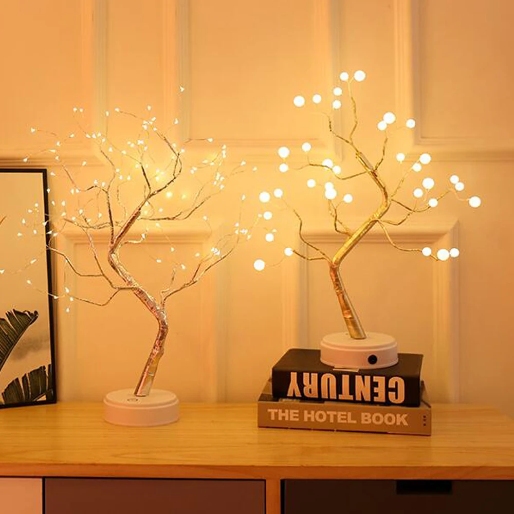 

New Christmas Small table lamp coloured lights LED Copper lamp Tree lamp touch switch Pearl babysbreath decorate Night light