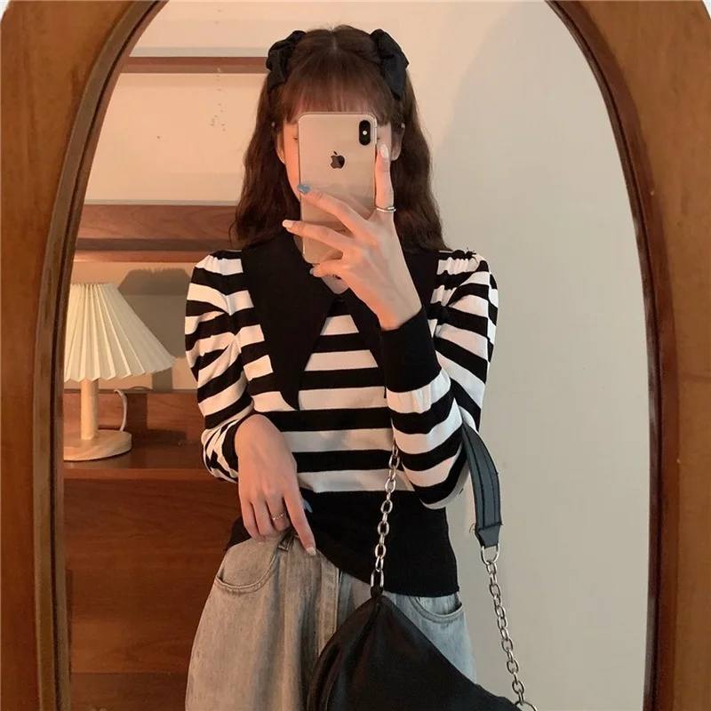 Женский трикотажный джемпер в полоску повседневный облегающий пуловер с