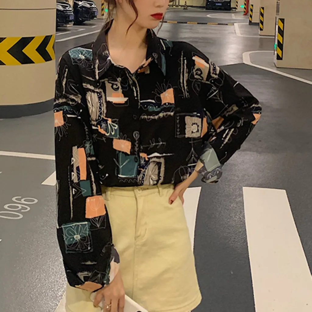 Блузка женская с геометрическим принтом длинным рукавом и отложным воротником |