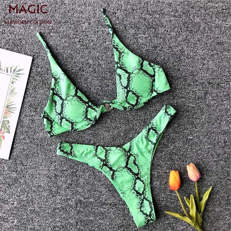 Новый комплект бикини с принтом змеиной кожи женский купальник высокой талией и