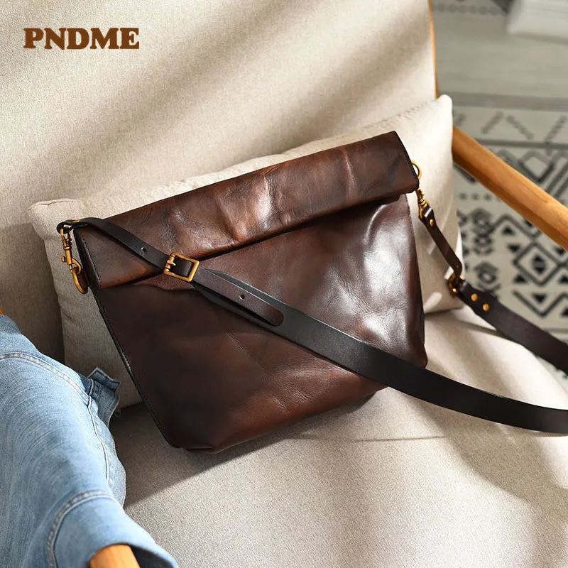 PNDME fashion retro casual high-quality Genuine leather men's shoulder bag natural cowhide large capacity diagonal bag
