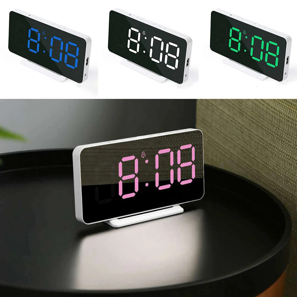 

LED Digital Alarm Clock Mirror Surface USB ElectricAlarm Clock With Snooze Table Desktop Home Office Decors