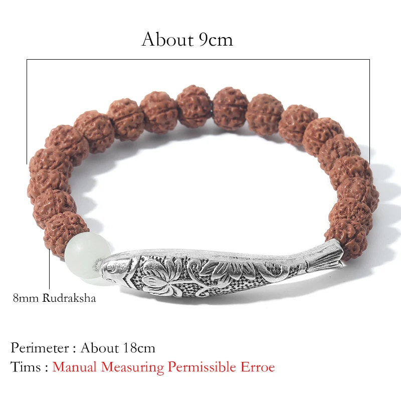 Rudraksha бусины Длинные трубки полые рыбки эластичный браслет для мужчин и женщин
