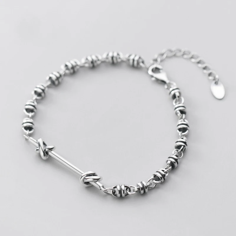 

S925 Silver Bracelet Female Korean-Style Simple Retro Thai Silver A- line Knot Lady Artistic Hand Jewelry