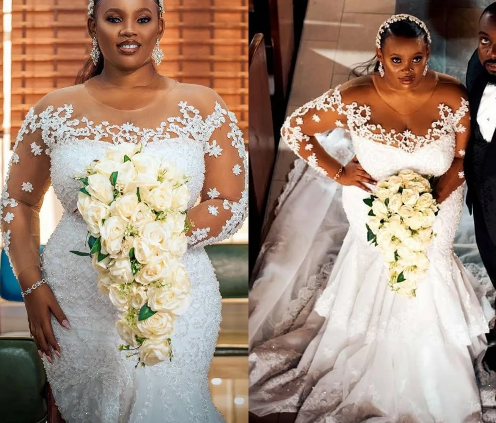 

2022 Plus Size Mermaid Wedding Dresses Bridal Gowns Sheer Neck Lace Appliqued Long Sleeves Vestido Novia Robes De Mariée