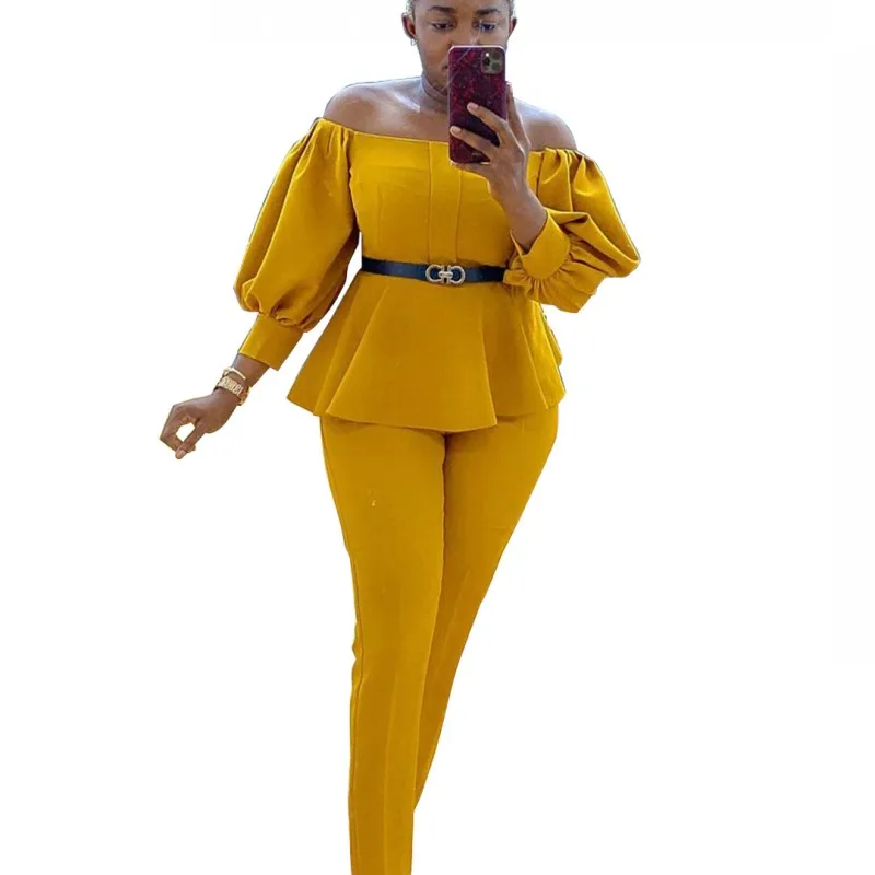 

Африканская одежда для женщин, комплект из 2 предметов, топы с воротником-лодочкой и пышными рукавами, модные однотонные сексуальные африка...