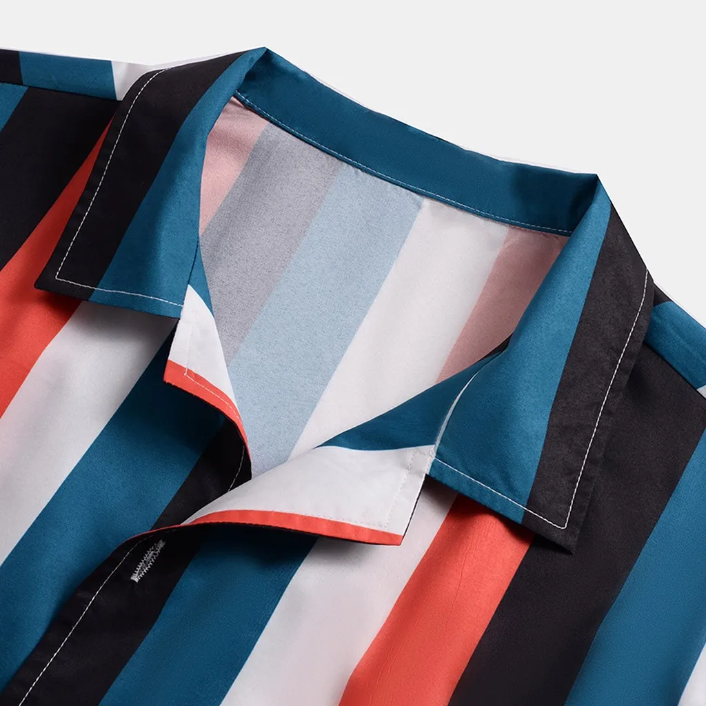 

2021 Summer Men Shirt Fashion Striped Printed Turn Down Collar Loose Button Short Sleeve Casual Shirts Tops Traf