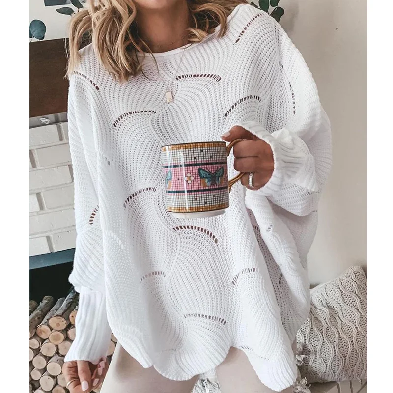 

New Fashion Women Loose Sweaters Pullover Hollow Out Long Sleeve Plain Sweater