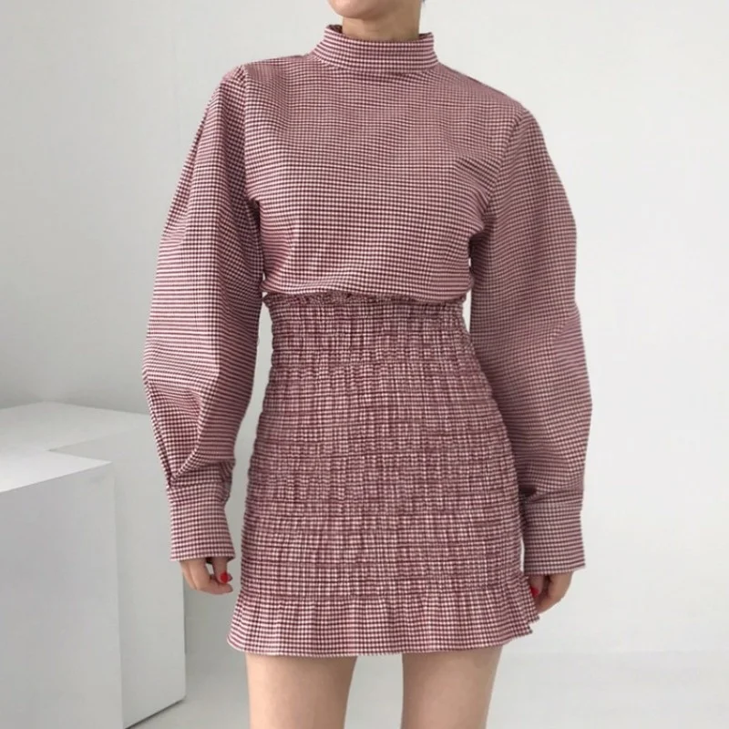 

Women Slim Dress Korean Chic Spring Plaid Small Stand Collar Short Skirt Small Wrinkled Waist Long Sleeveshesam-BForest