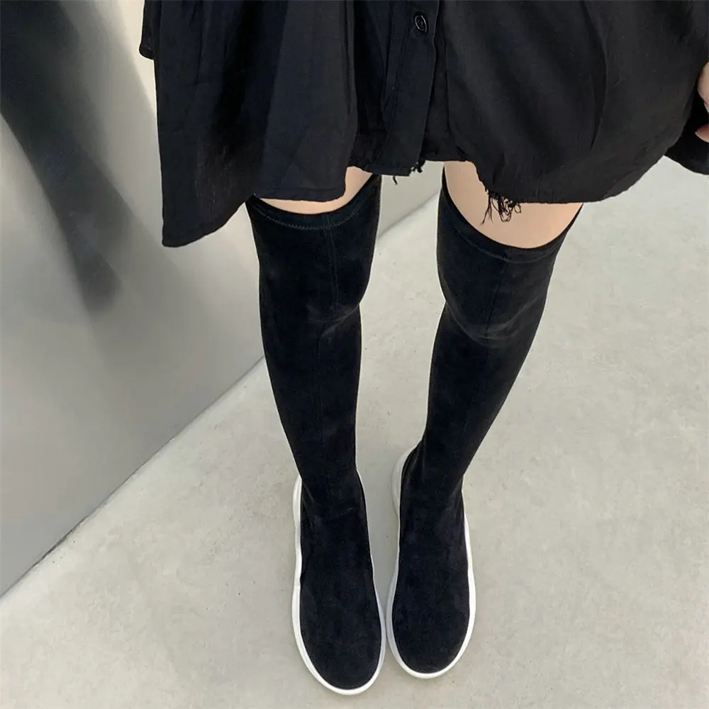 Женские высокие кроссовки до бедра черные эластичные Бархатные Высокие Сапоги