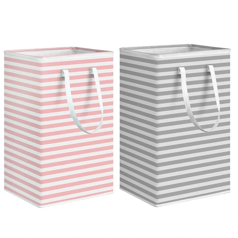 

LBER40*30*60cm Gray / Pink 75L Large Laundry Basket Foldable Clothes Storage Basket Stripe Toys Storage Bag With Extended Handle
