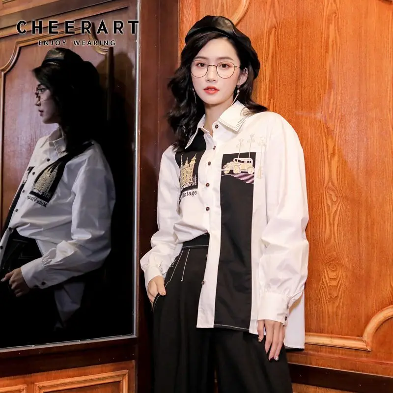 

CHEERART осень 2020 женская блузка с длинным рукавом в стиле пэчворк белая рубашка с воротником на пуговицах свободная дизайнерская модная одежд...