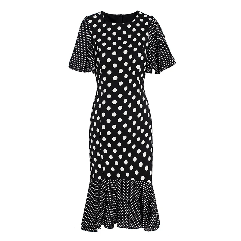 

2020 Summer Fashion Mermaid Dress High Quality Women Polka Dot Print Sexy Hollow Out Flare Sleeve Knee Length White Black Dress