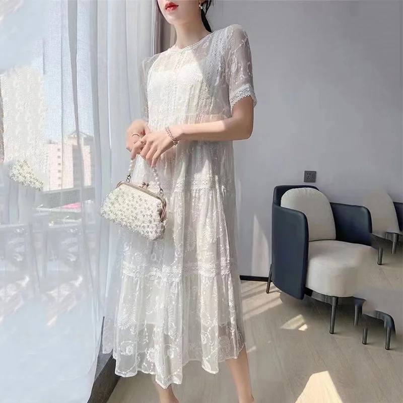 

Design sense silk dress 2021 summer new product elegant lace heavy embroidery fairy skirt beach skirt