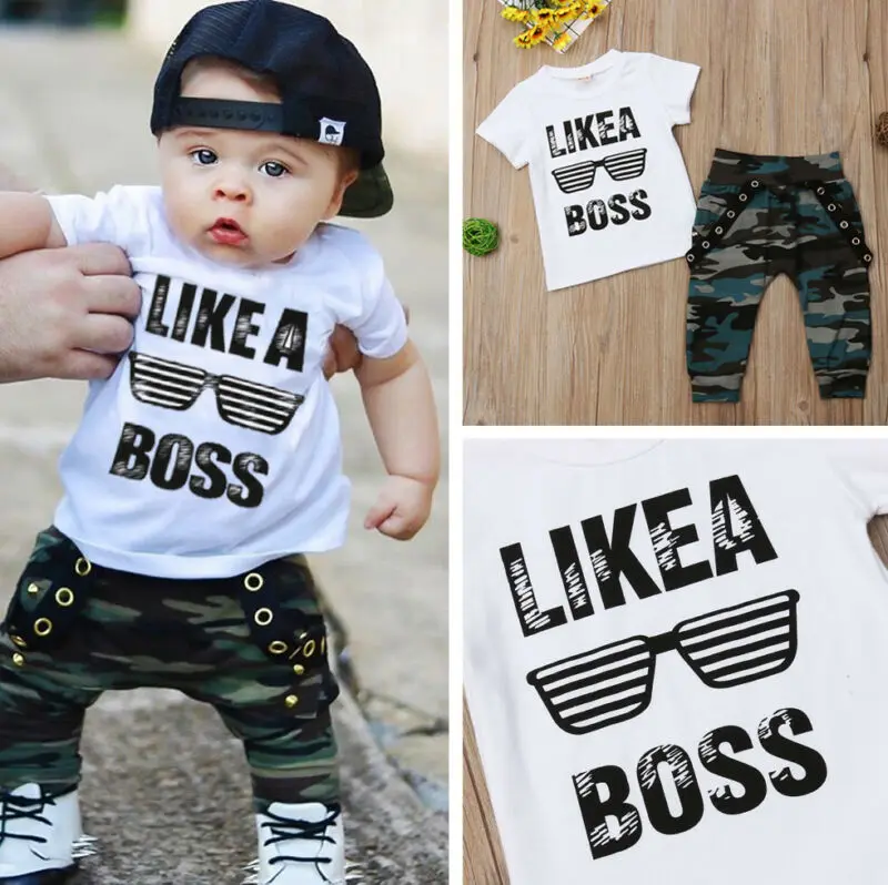 

Summer Toddler Newborn Infant Baby boys Hip Hop Tops T-shirts Camo Pants 2pcs Short sleeve Fashion Outfits Set Costumes