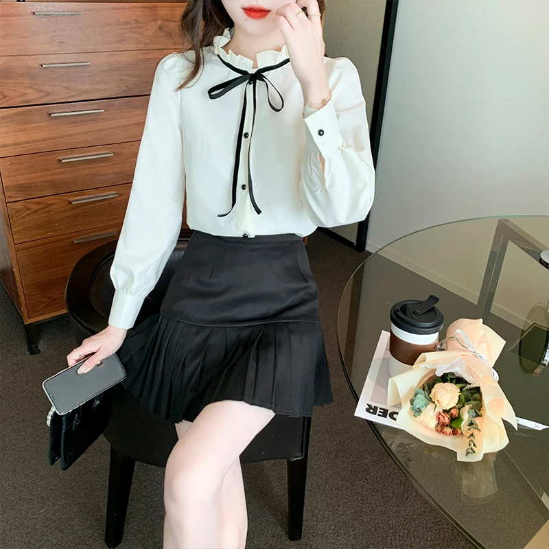 

Шифоновые свободные женские рубашки, повседневные блузы с длинным рукавом, новые модные блузы, однотонные осенние Рубашки с бантом