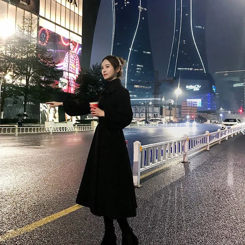 Autumn Winter Red Black Woolen coats Women Lantern Sleeve Wool&ampblends Long Coat Casual Loose Wool Jacket Female Outwear |