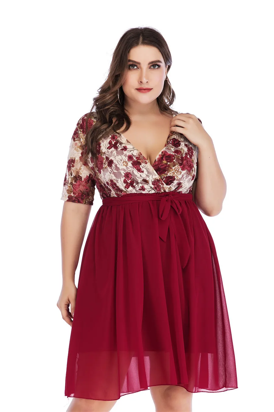 

5XL Plus Size Dress Women Summer Robes V-neck High Waist Lace Print Stitching Floral Chiffon Dresses Casual Party Dress TA8467