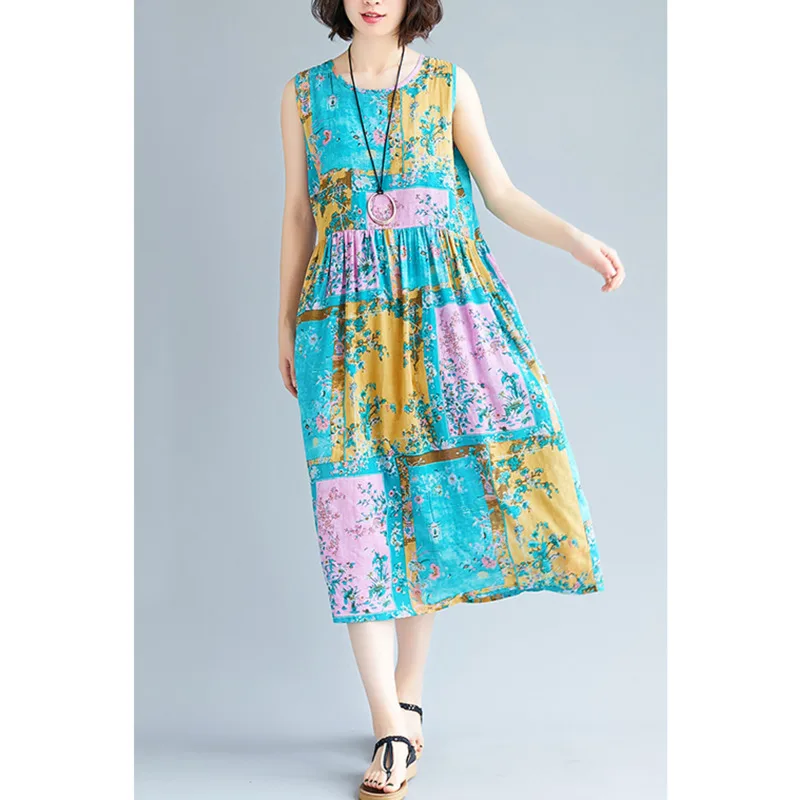 

2020 Summer New Plus Size Printed Dress Female Summer Loose Leisure Vacation Round Neck Sleeveless Printed Long Dress Plus Size