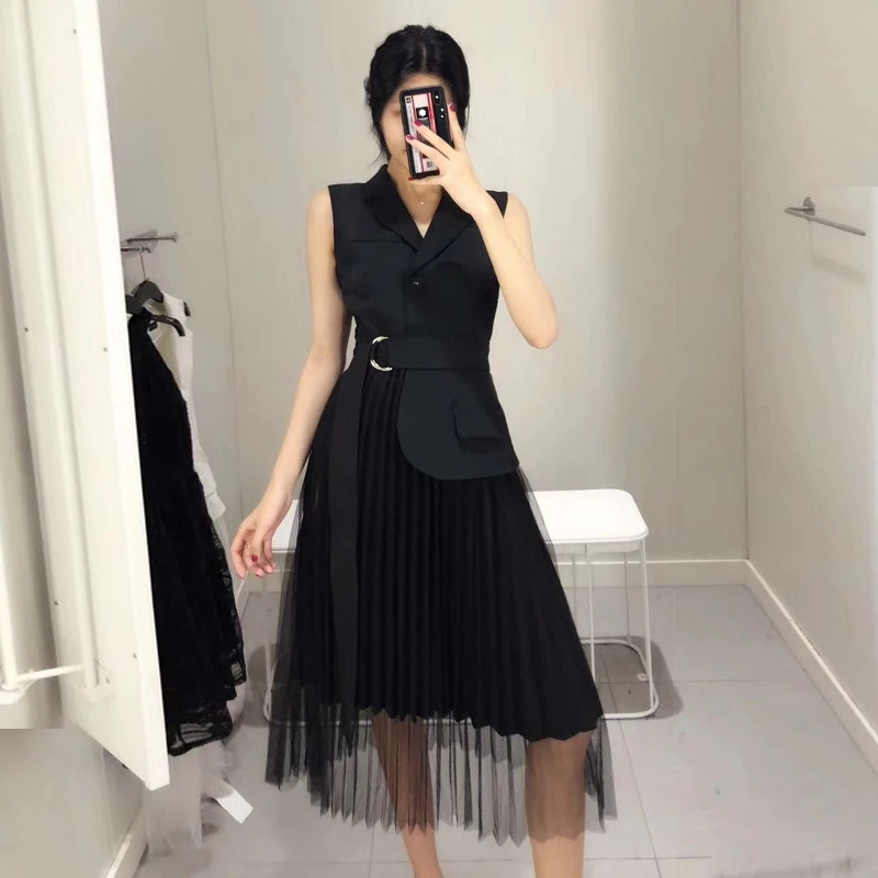 Женское Сетчатое платье черное белое без рукавов с зубчатой строчкой лето 2020|blouse