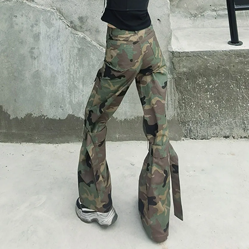 

SeeBeautiful Camouflage Printed Mid Waist Pockets Loose Pants Lace Up Bandage Trousers New Fashion 2021 Spring Women E119