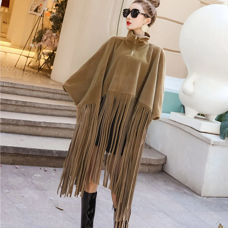 

2021 New Spring Autumn Black Jacket Women Loose Tassels Turtleneck Long Sleeve Women Cape Coat Women Fashion Plus Size