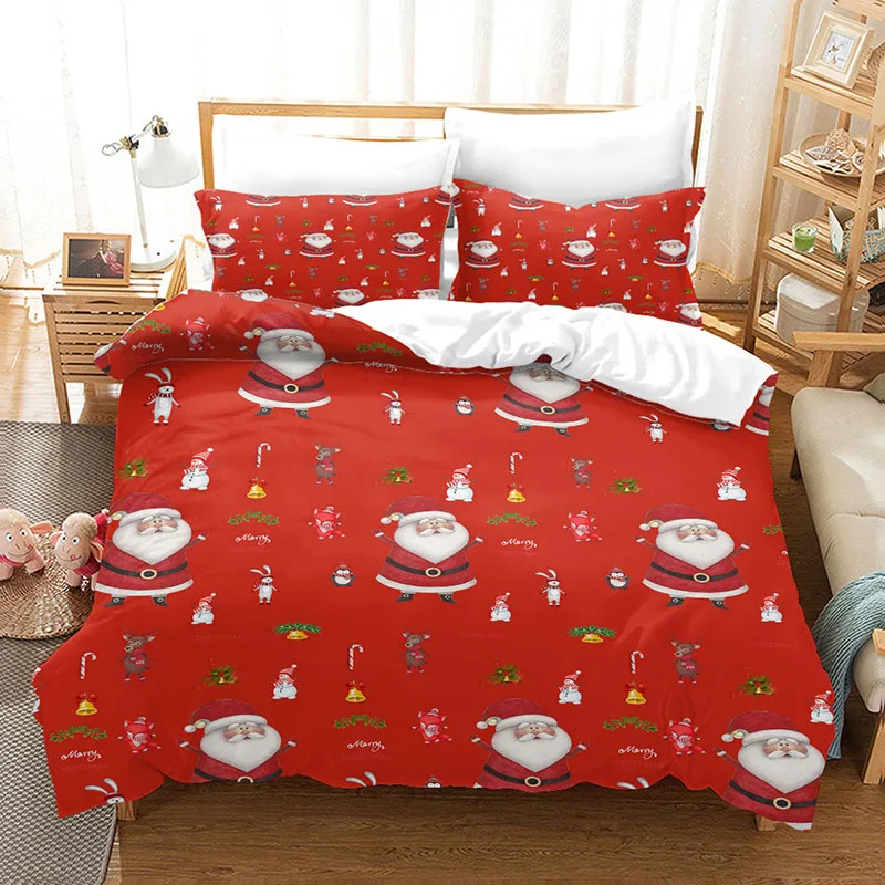 

Christmas Printed Duvet Cover Set 2/3 Pieces Soft Polyester Microfiber with Easy Care Zipper Pillowcases Red Snowman Bedding Set