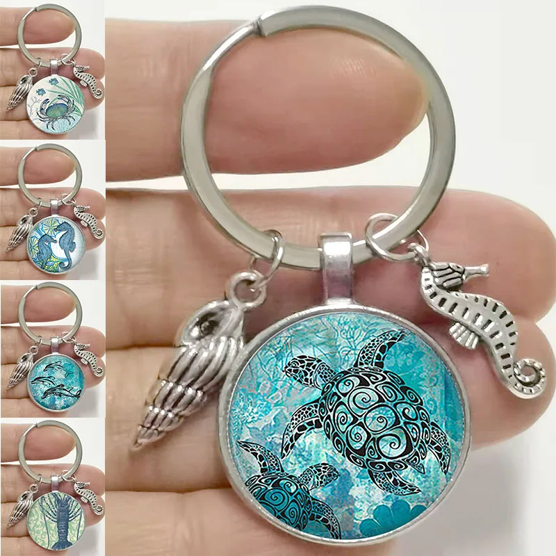 

2022 Alloy Key Chain 25mm Blue Ocean Marine Life Jewelry Turtle Dolphin Shell Keychain Christmas Gift