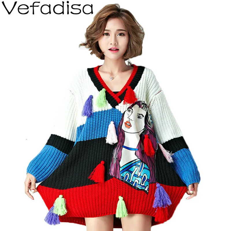 Vefadisa Women Tassel Stripe Cartoon Girl Sweater 2018 Autumn V-neck Color Matching Pullover Loose DQ315 | Женская одежда