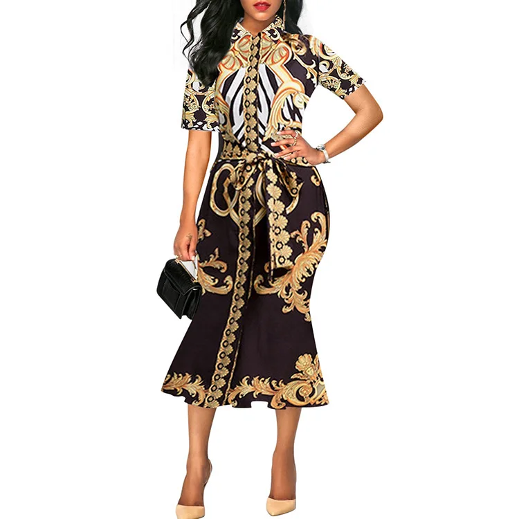 

Women Summer Fashion Chic Vintage Turn-down Collar Print Elegant Dress Sexy Slim Short Sleeve Trumpet Party Dress Clothings