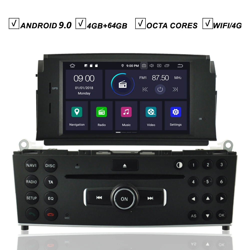 Автомобильный DVD-плеер Android 9 0 GPS для Mercedes Benz C-Class W204 C200 Восьмиядерный 4 Гб ОЗУ + 64 ПЗУ