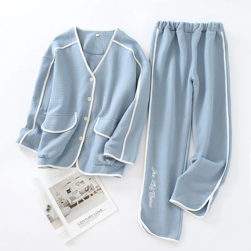 

New Autumn and Winter Leisure Tops Women's Long-Sleeved Trousers Cotton Thick Air Layer Solid Color Warm Simple Pajamas Set