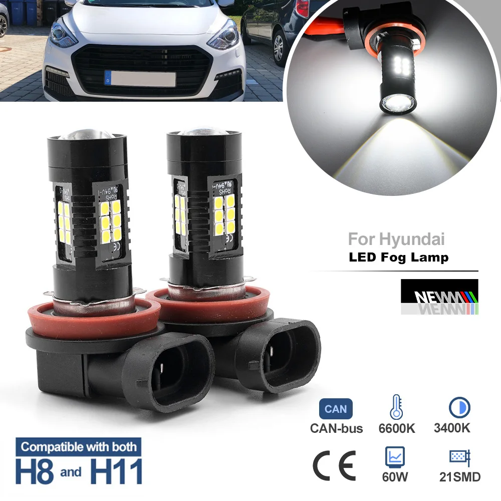 

Светодиодные противотуманные фары H8 H11 для Hyundai i10 IA i30 GD i40 VF Santa Fe Genesis BH 6000K Canbus без ошибок, Автомобильные фары
