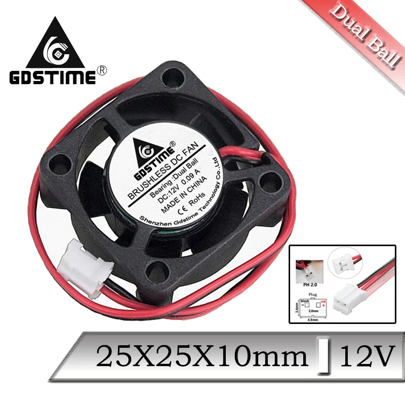1 шт. Gdstime DC 12 В 25 мм 25x25x10 2Pin двойной шариковый подшипник Бесщеточный вентилятор