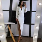 Сексуальное Белое платье Churses с V-образным вырезом и высоким разрезом, осенние элегантные вечерние платья-миди с длинным рукавом и высокой талией для ночного клуба для женщин 2021