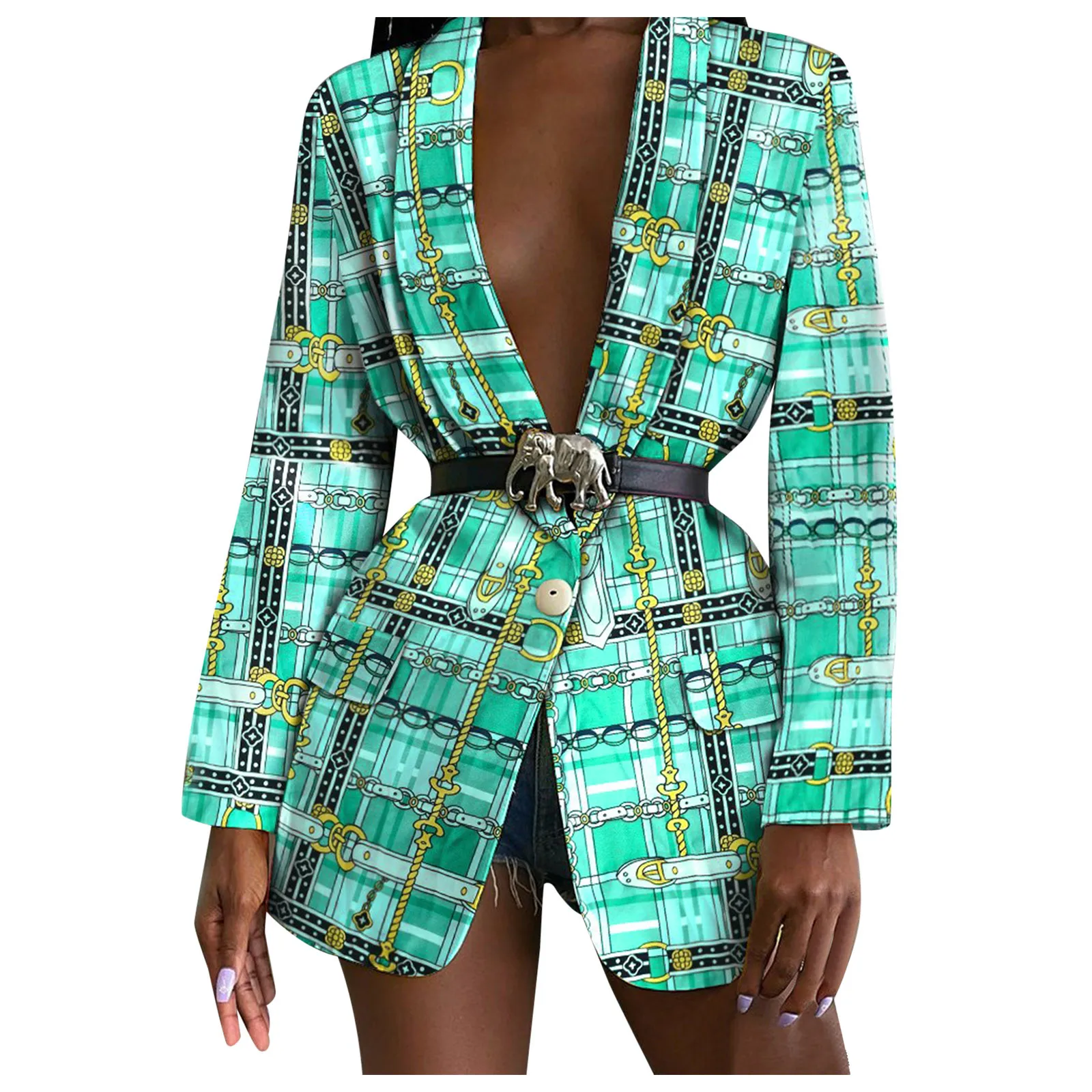 

Women Sexy Fashion OL Style Pattern Printed Blazer Coats Long Sleeve Temperament Professional Slim Metal Belt Top Suit Jacket