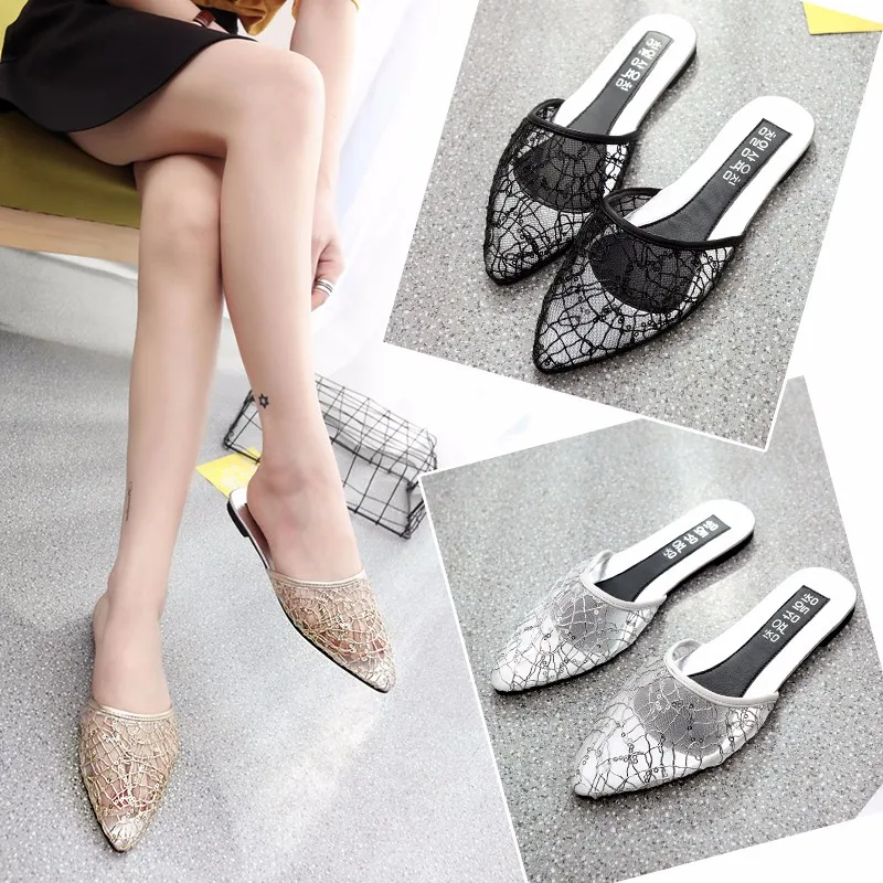 

Women's Mesh Slippers Pointed Toe Flat Shoes Fashion 2020 Home Outdoor Slippers Woman Shoes Elegant House Slippers Ladies