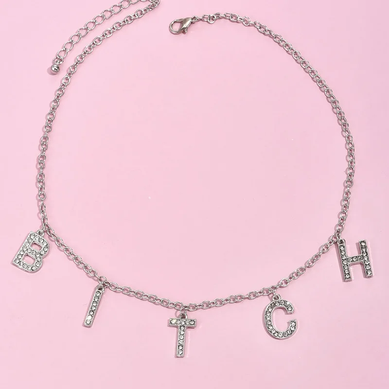 

New Trend Silver Color Alphabet Bitch Pendant Fun Game Statement Necklace Women Charm Party Clavicle Chain Jewelry Accessories