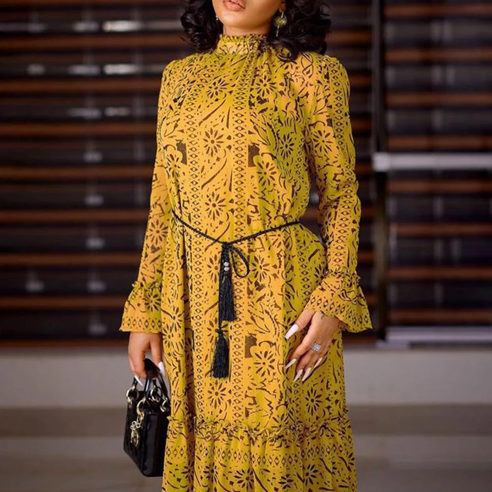 

2021 Spring New Long Dress Hedging Long Sleeve Printing OL Slim Commute Casual Oversize African Temperament Round Neck