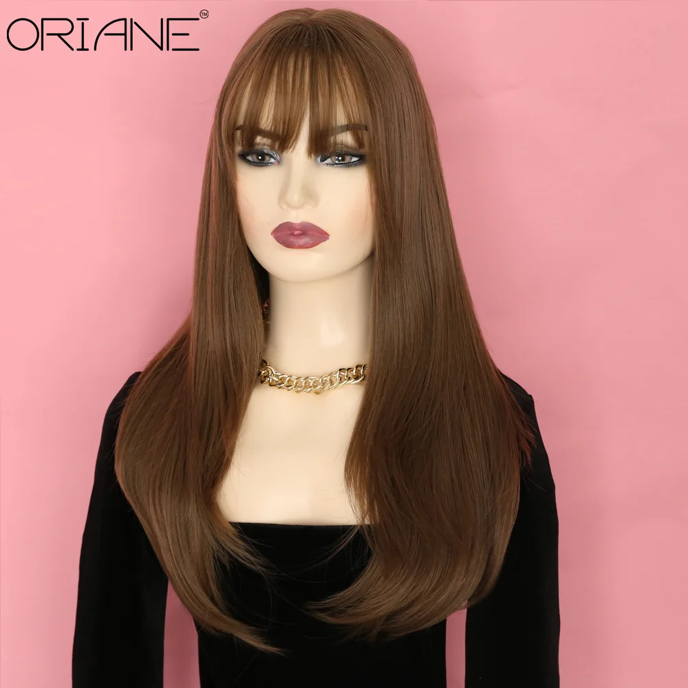 

ORIANE Long Straight Synthetic Wigs For Women With Bangs Tea Color Natural Hairline Heat Resistant Wigs Soft Hair Cosplay Wigs