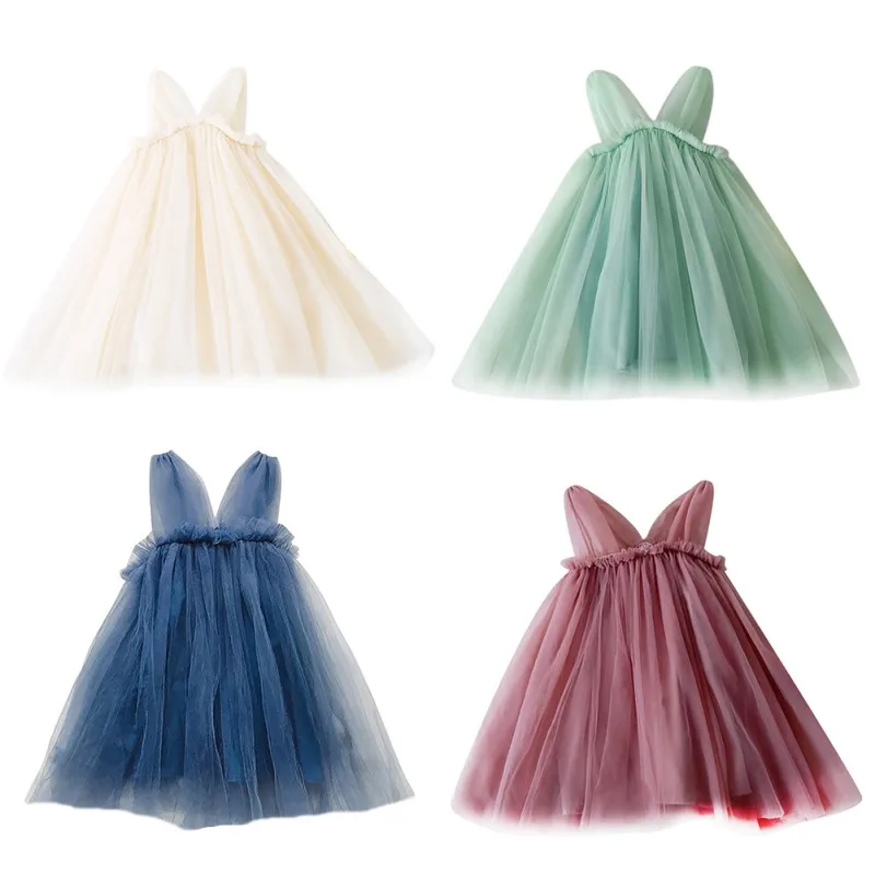 Детское летнее однотонное милое Сетчатое вечернее платье без рукавов для