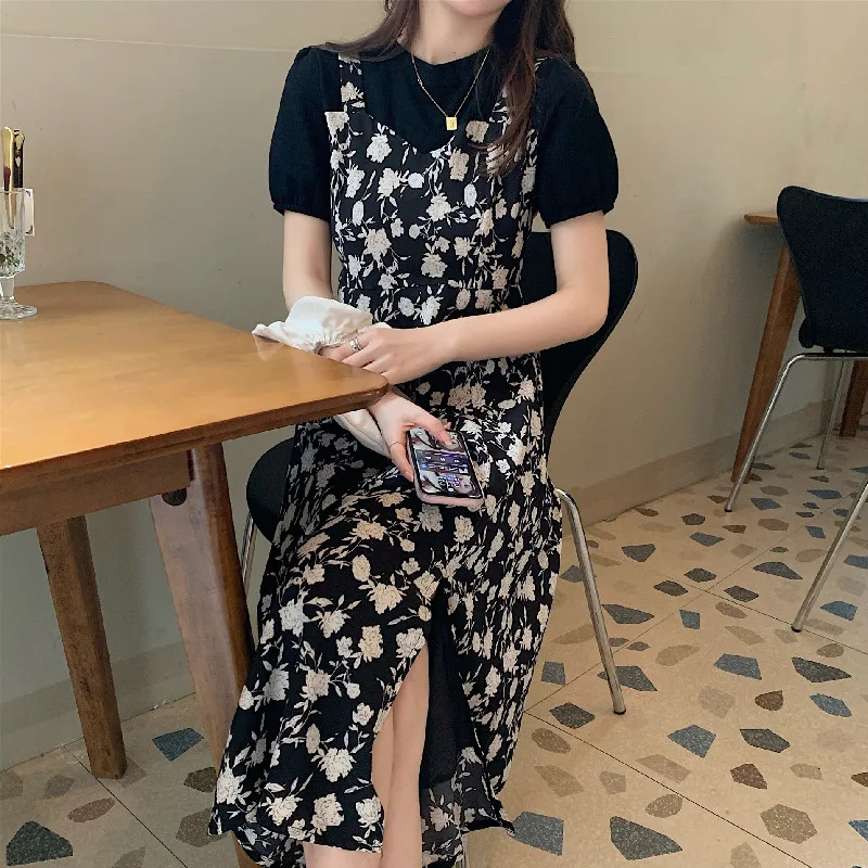 

Large Size Summer New Style French Retro Dress for Fat Girls Fake Two Pieces Short Sleeve Split Design Sense Floral Skirt Women