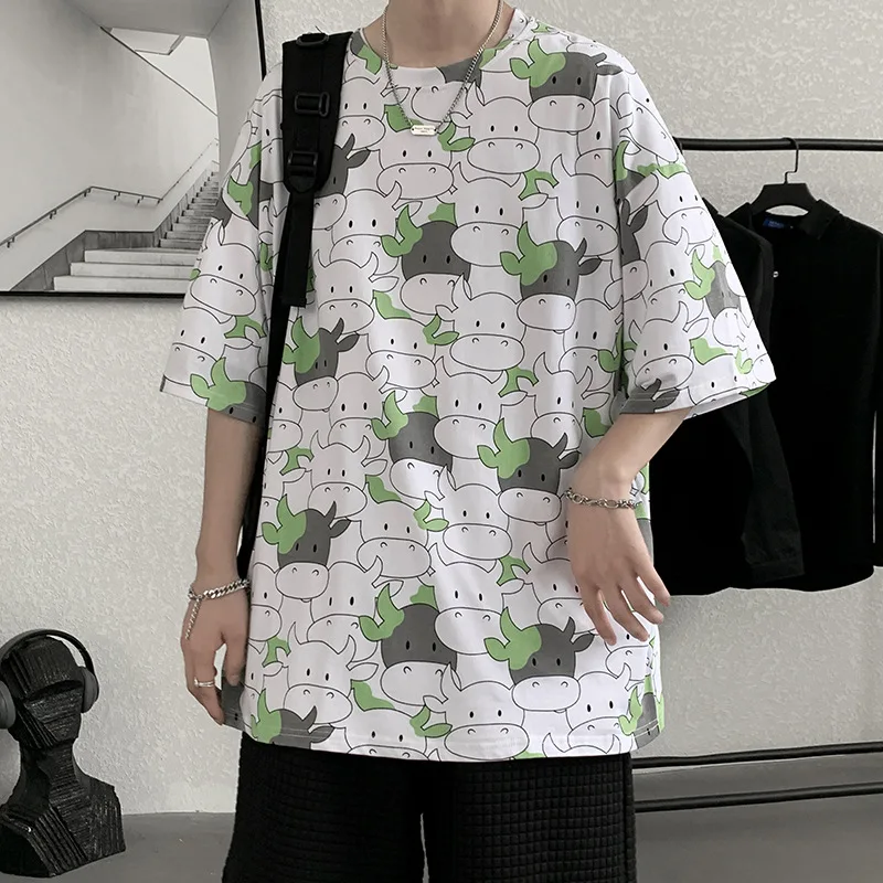 

Summer Ins Tide Brand Men's Cartoon Short-Sleeved Cotton Casual Hong Kong Style T-shirt Full Print Youth Loose Large Size Cute