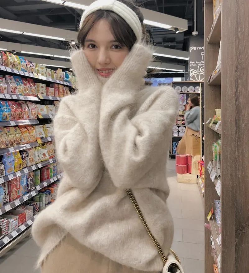 Новинка женский свитер из кашемира и норки с высоким воротником теплый длинными