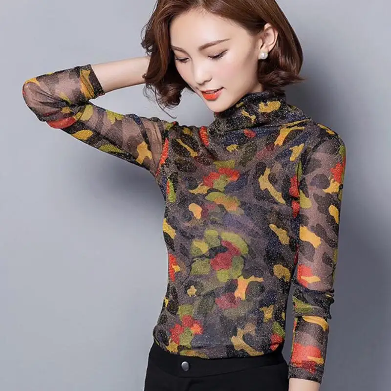 

Long Sleeve Turtleneck Elasticity Women Blouses Fashion Print Korean Lace Blouse Women Shirts Plus Size Women Tops Blusas Mujer