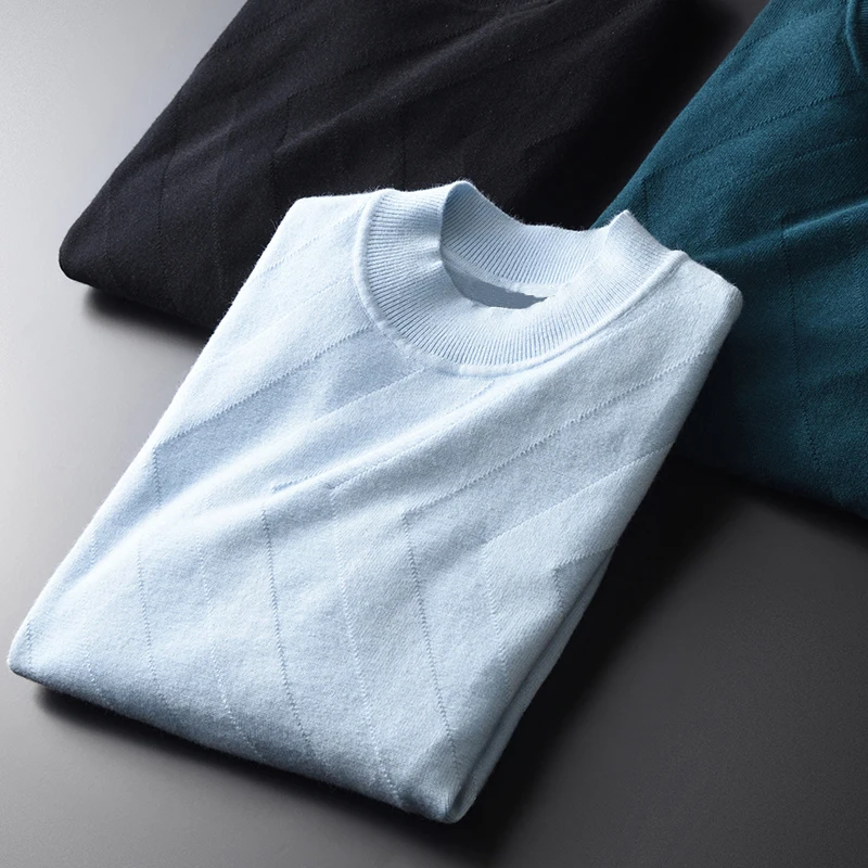 Одноцветный мужской роскошный компьютерный вязаный свитер с воротником под